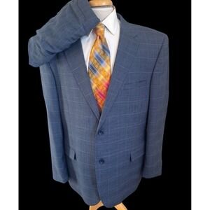 Caravelli 2pc Suit 48R Pants 38 x 31 Blue Windowpane  Jacket Sport Coat Blazer